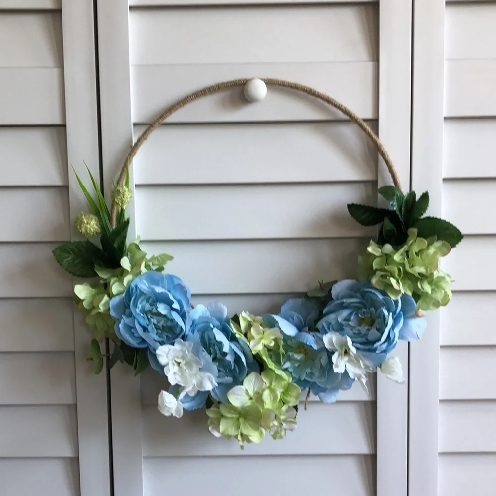 Pastel Greenery Hydrangea Flower Leaf Floral Decor Twine Tweed Hoop Wreath - Picture 2 of 3